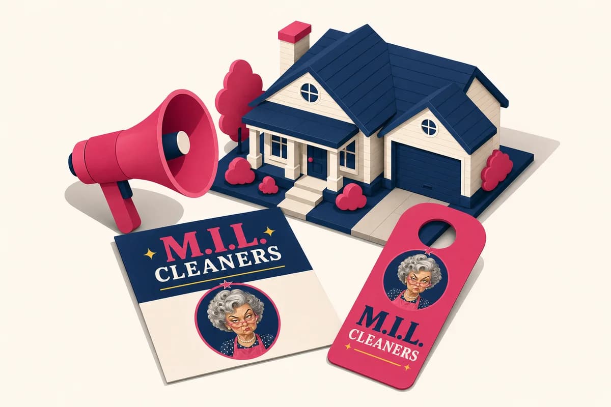 M.I.L. Cleaners marketing: branded flyer, door hanger, megaphone and house