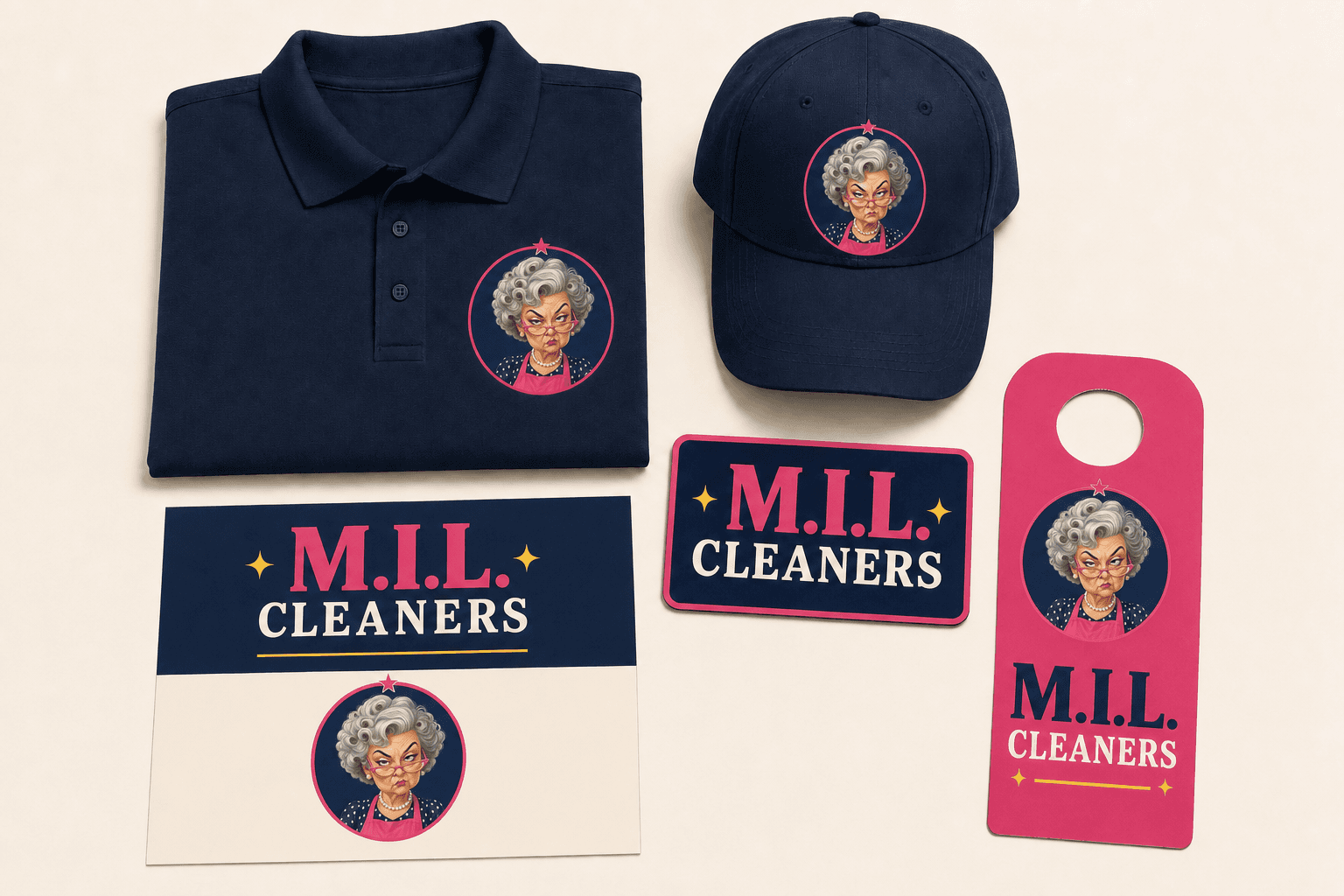 The M.I.L. Cleaners owner brand kit — embroidered polo and cap, car magnet, neighborhood flyer and door hanger, all branded with the Mother-in-Law mark